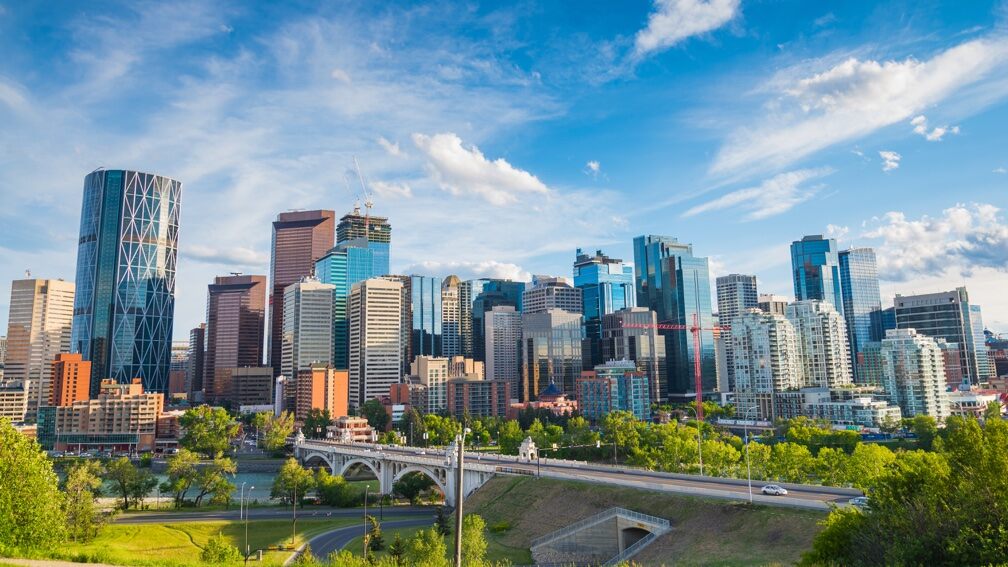 A colorful cityscape shot of downtown area